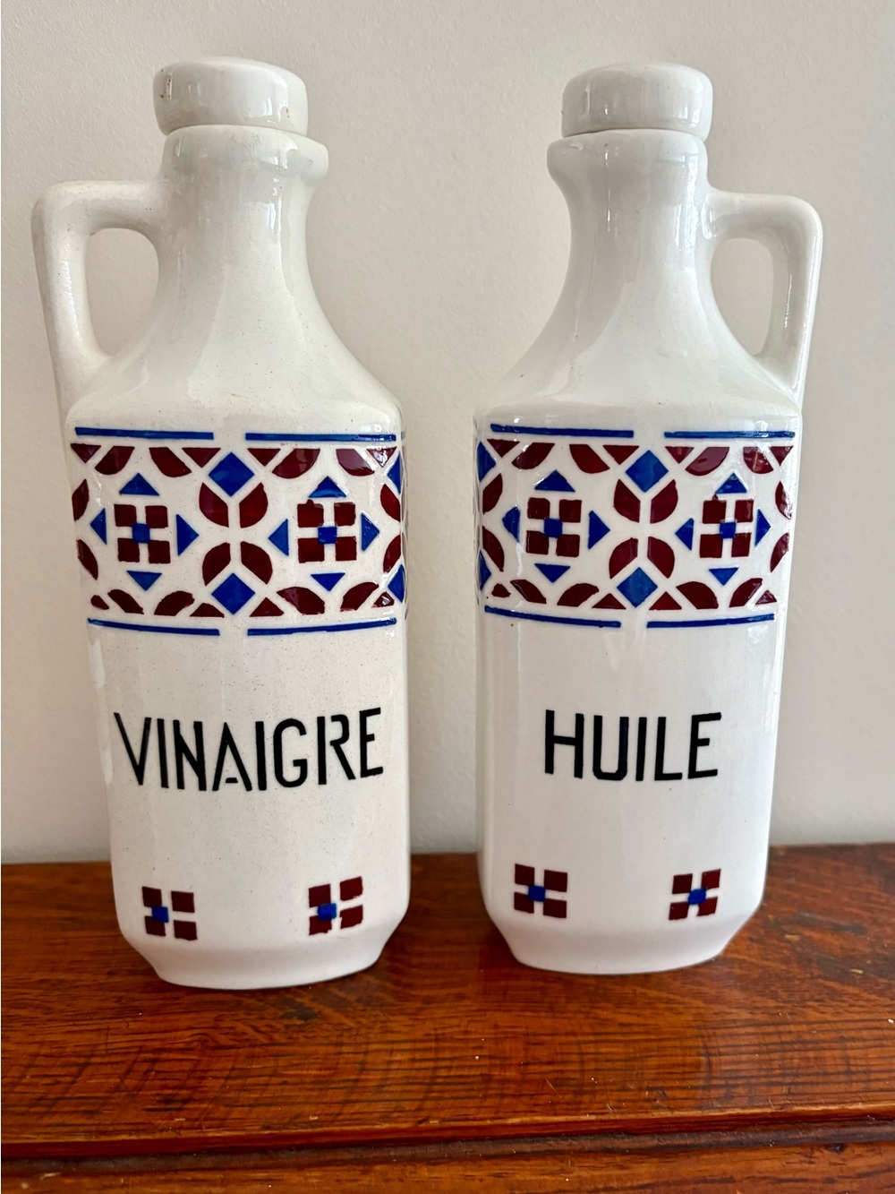 Ceramic Czechoslovak Vinegar and Oil Bottles with Geometric Tile Pattern - White